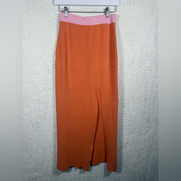 Dresses & Skirts - Women's Orange Knit Midi Skirt with Pink Waistband